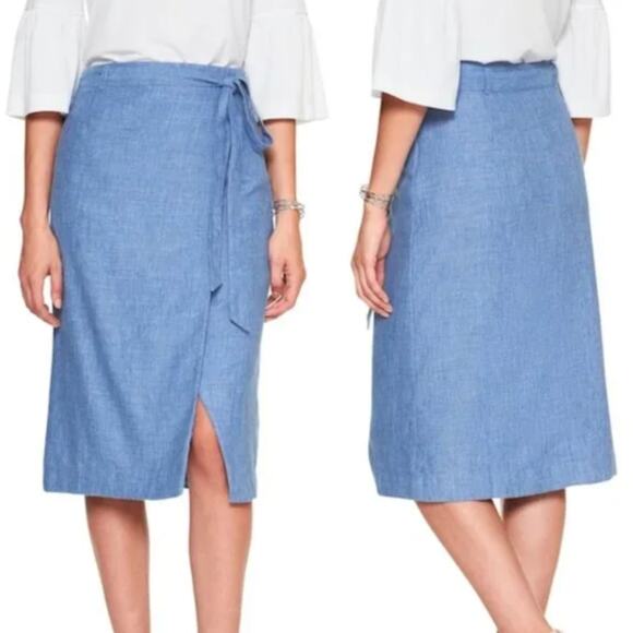Banana Republic Size 8 Wrap Midi Skirt | Chambray Blue, NWT, Minimalist Capsule - Picture 2 of 7